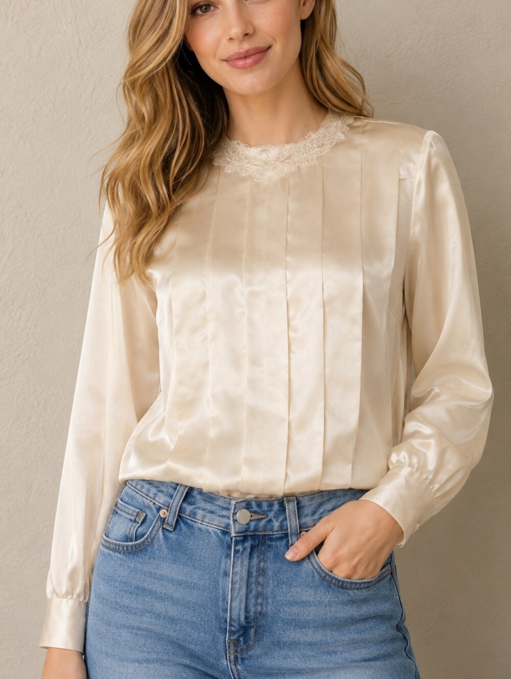 Vtg KATELYN COURT 1980s Ivory Satin Pleated Floral Embroidered Coquette Blouse